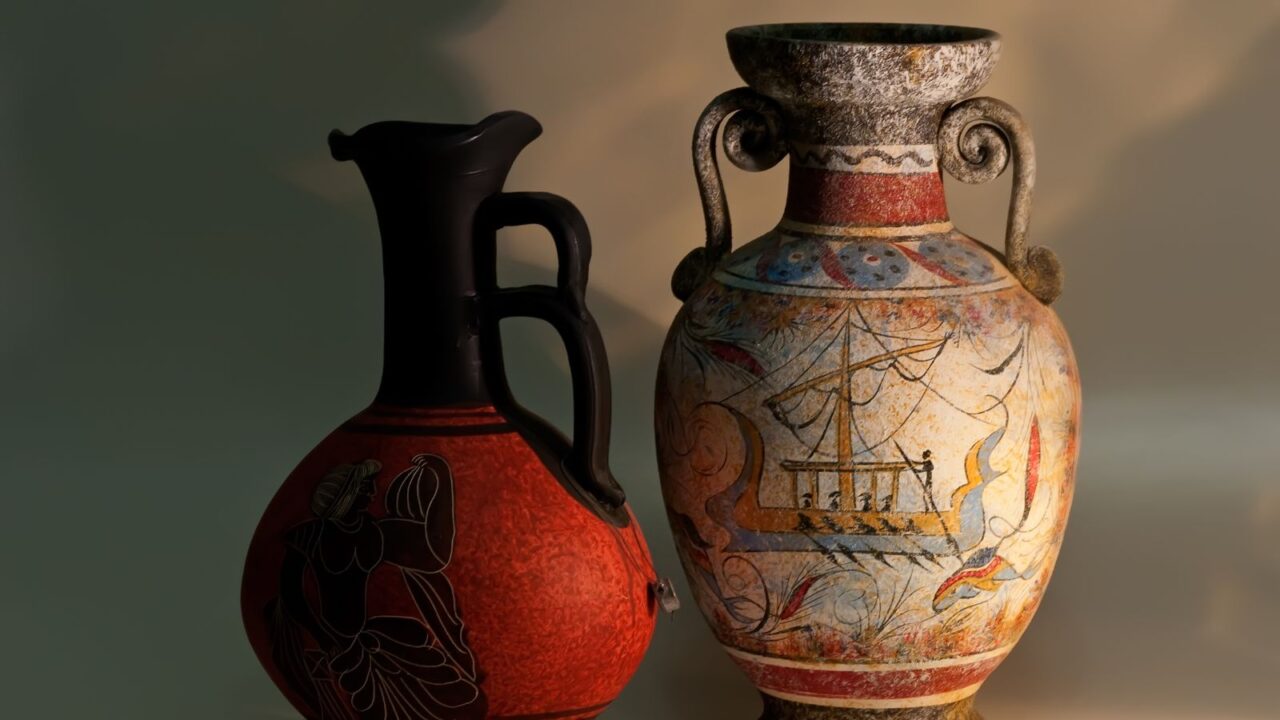 Common Greek souvenirs. Greek ceramic jugs.