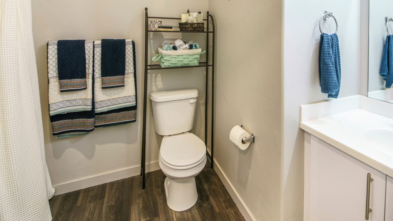 Pano bathroom interior with over-the-toilet storage rack and wooden flooring. Racks for hanging towels and a curtain on the left.