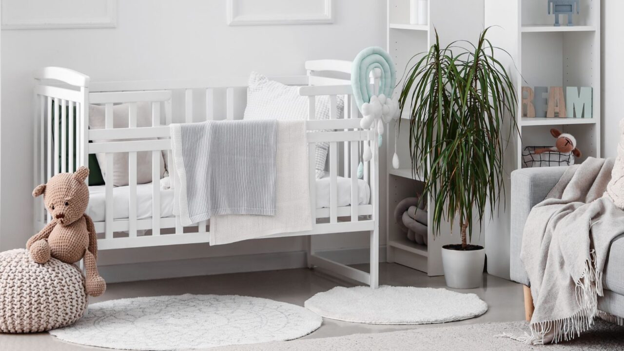 Stylish interior of children's room in white tones with baby bed, shelving unit, and spider plant,