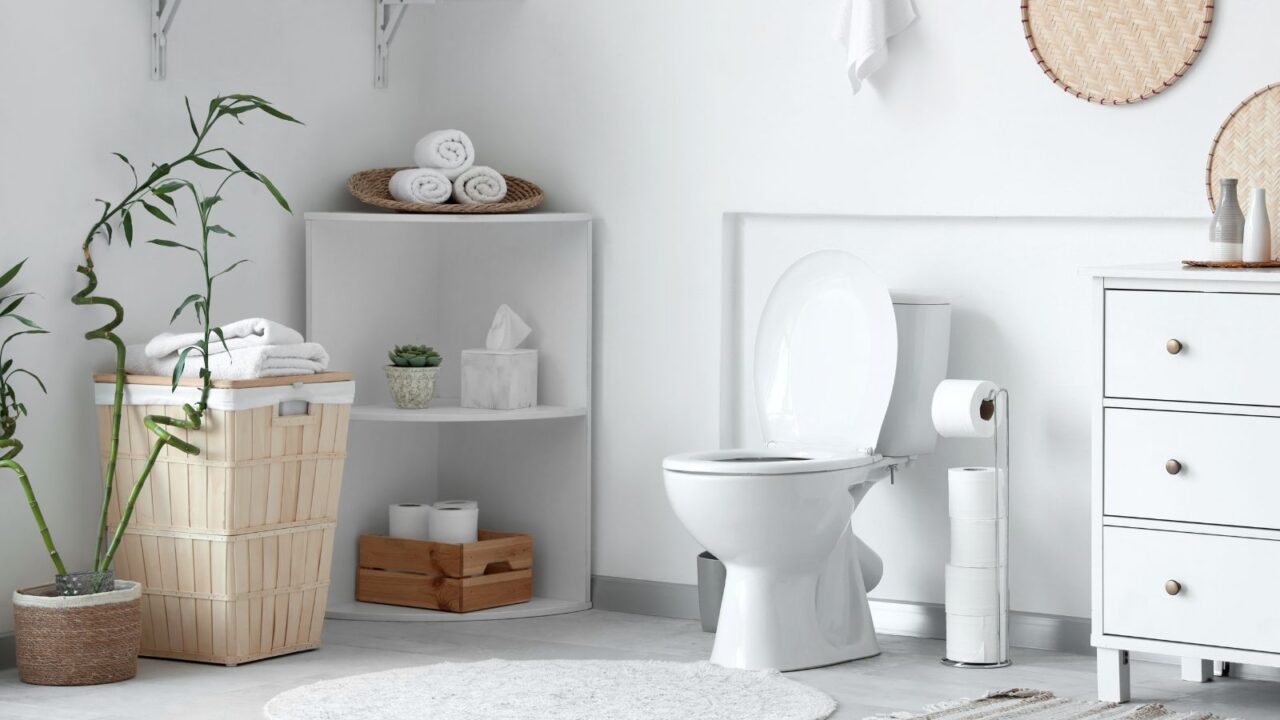 Interior of modern bathroom with ceramic toilet bowl, corner shelf, rug, baskets, and hanging rattan plates.