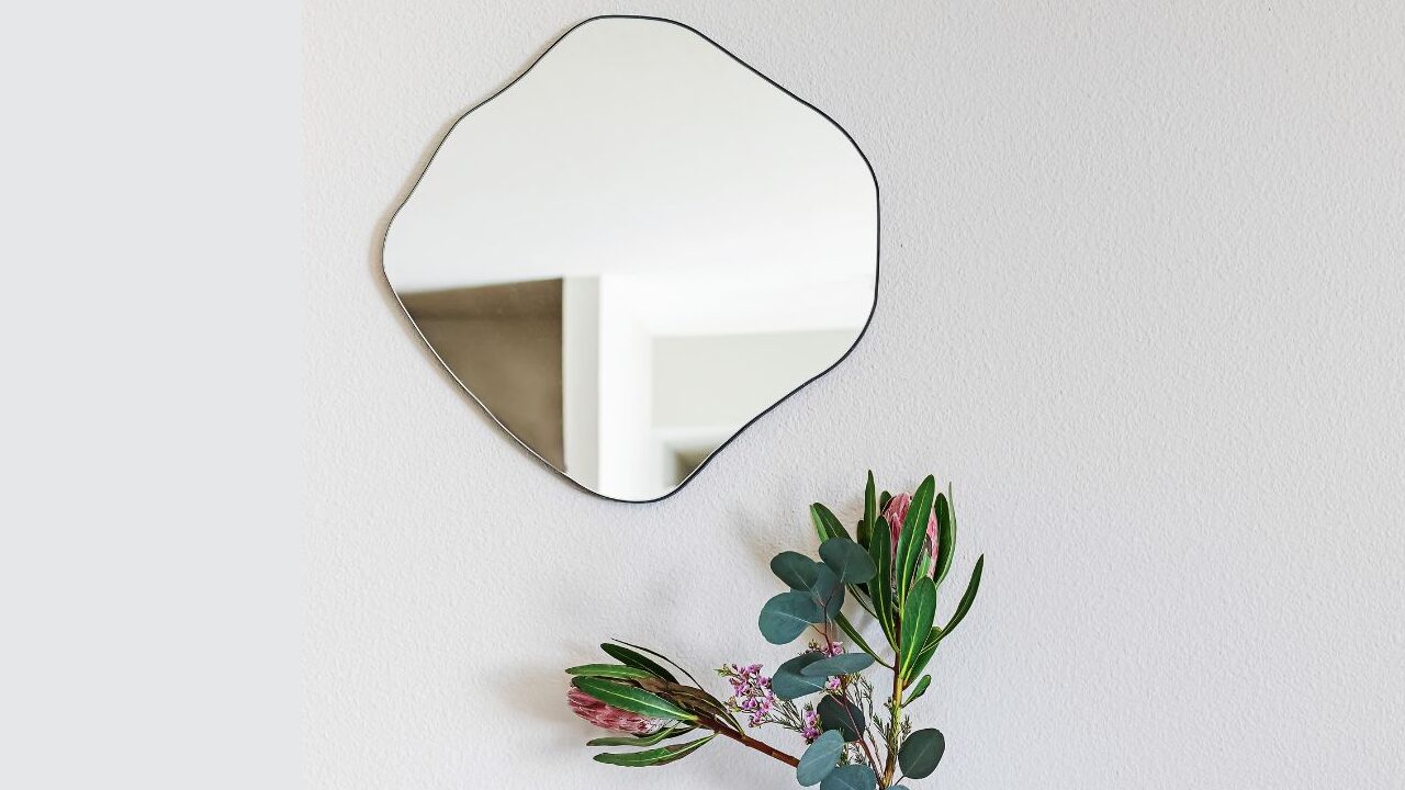 Minimalist home decor. Sandstone donut-shape vase on the dresser and organic fluid blob shape mirror on the wall.