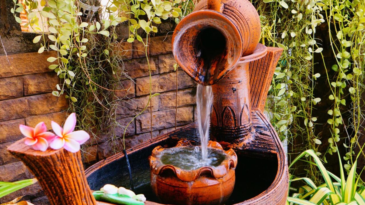 Waterfall in the garden display. Water feature for tranquility