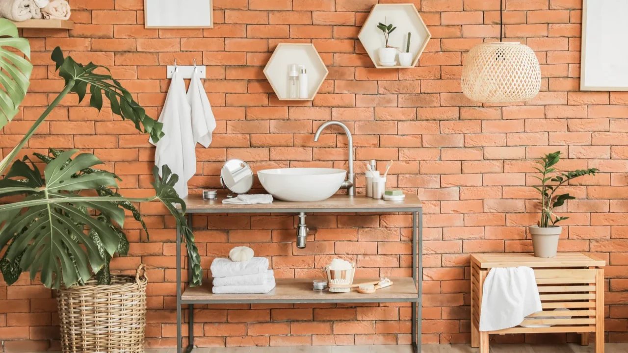 Stylish interior of modern bathroom with clean towels, sink, shower hanging on hooks, a small wooden storage stool, and a planter. Bricked walls, hexagonal shelves and hanging wicker light..