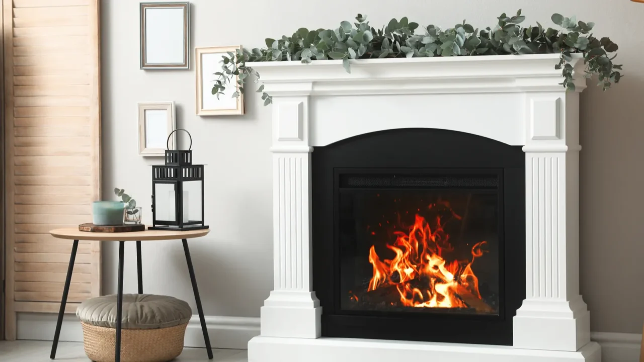 stylish room decorated with beautiful eucalyptus garland on fireplace