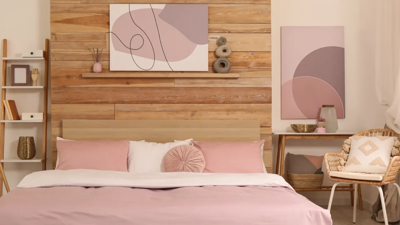 Stylish room interior with big comfortable bed. Pink decor including art frames, cushions, and planter.