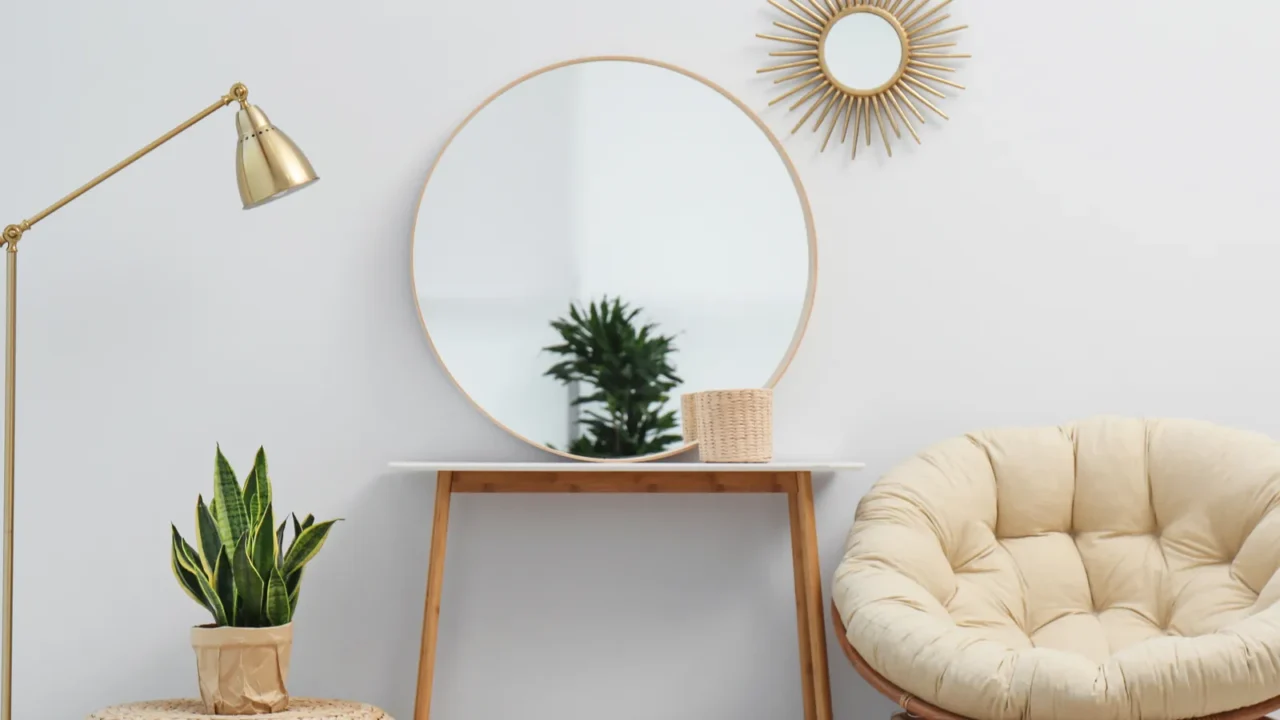 A stylish round mirror on a wooden table against a white wall with a cozy chair and floor lamp beside it.