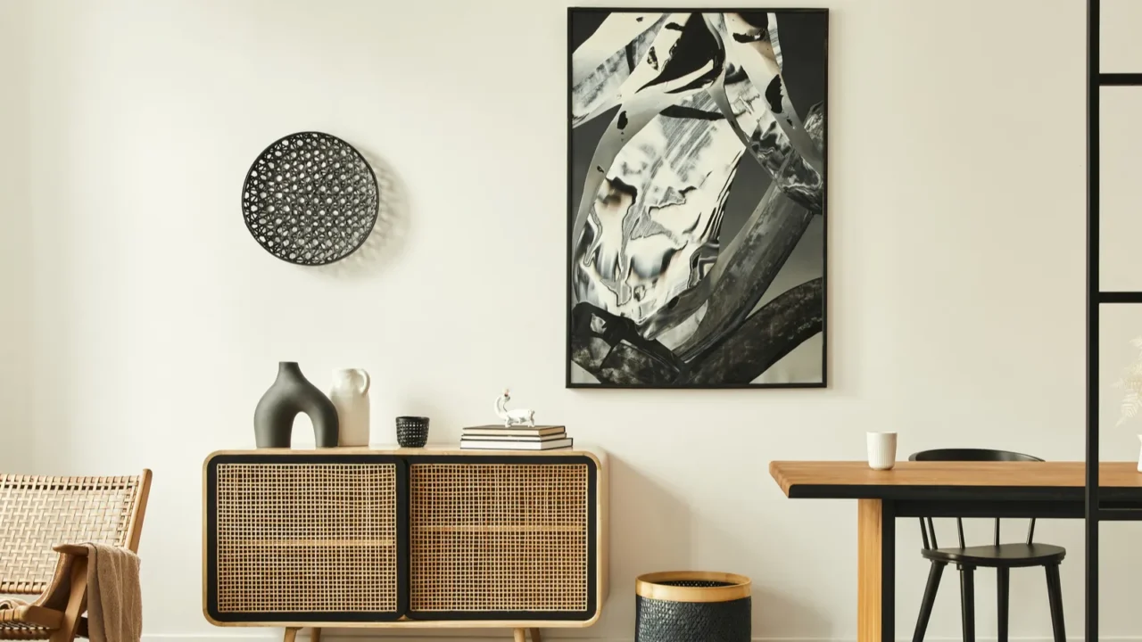 A stylish living room with a black-and-white abstract painting, a decorative vase, and a rattan cabinet.