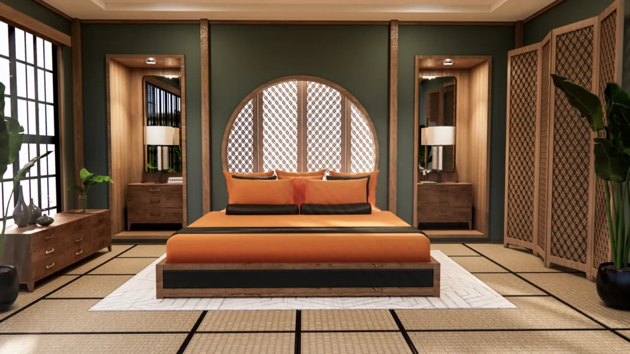 The circle wall design on dark bedroom Japanese design with