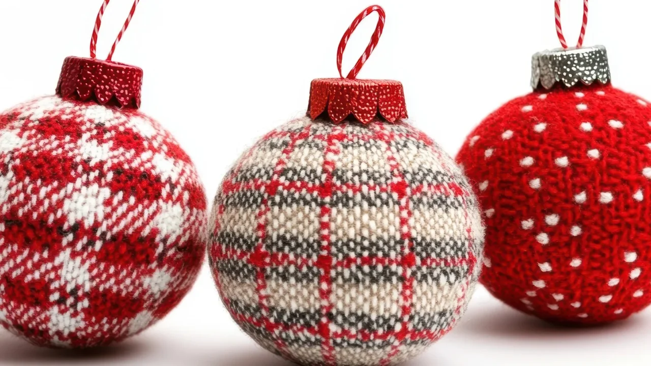 three festive holiday ornaments in red and white featuring cozy