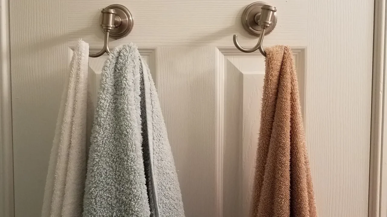 towels hanging on hooks on white bathroom door