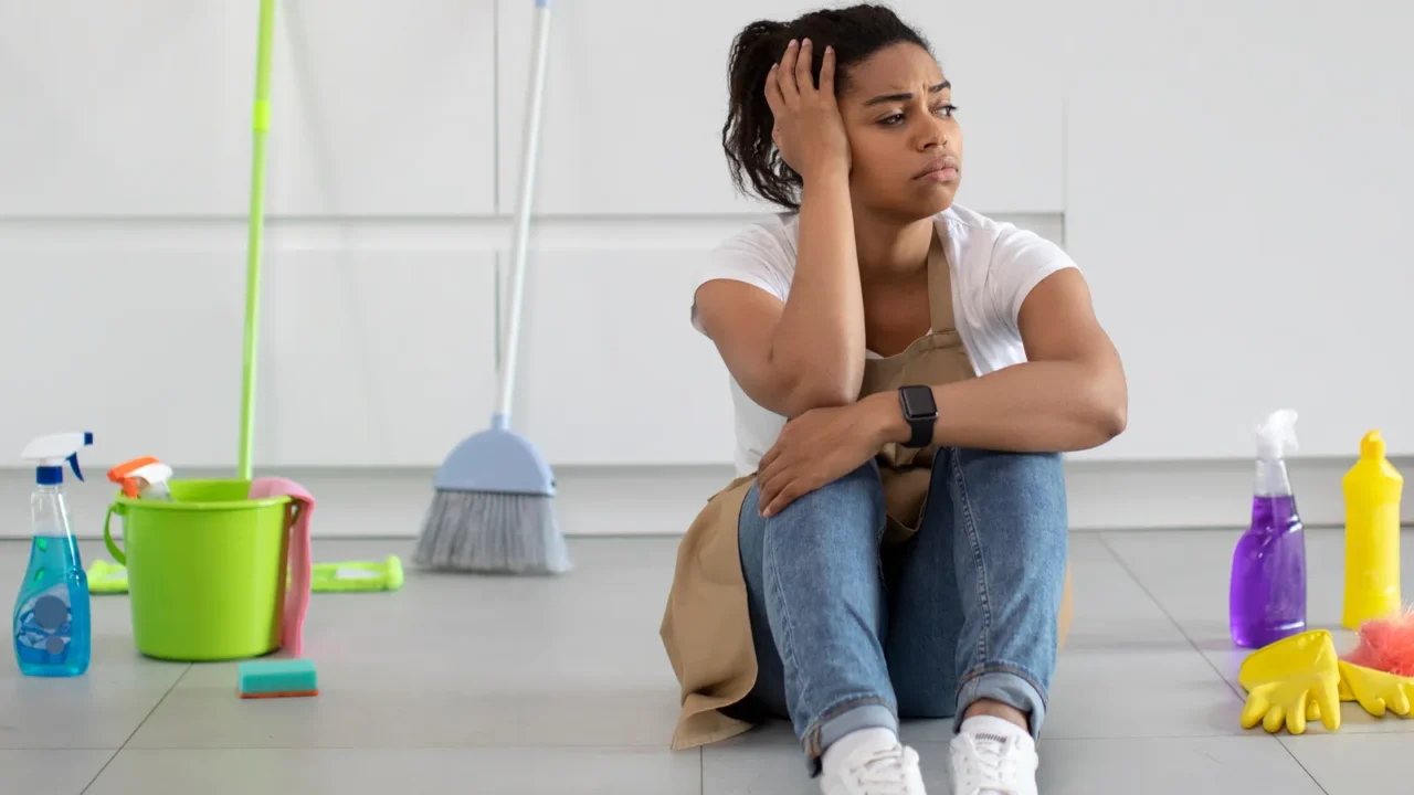 A distressed African woman sitting on floor surrounded by cleaning supplies and tools.