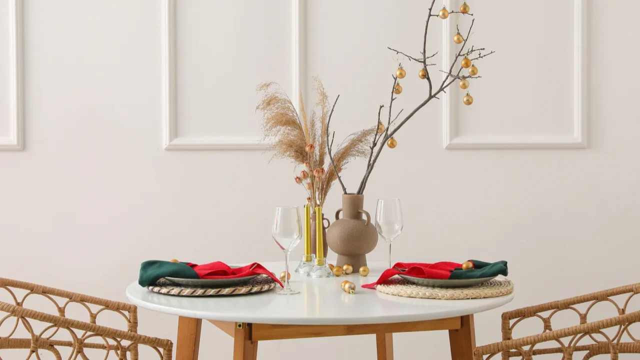 vases with tree branches pampas grass and christmas balls on