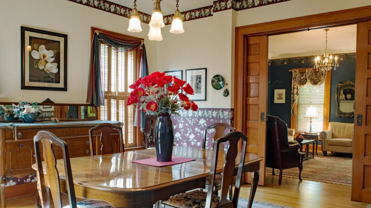 victorian dining room with pocket doors