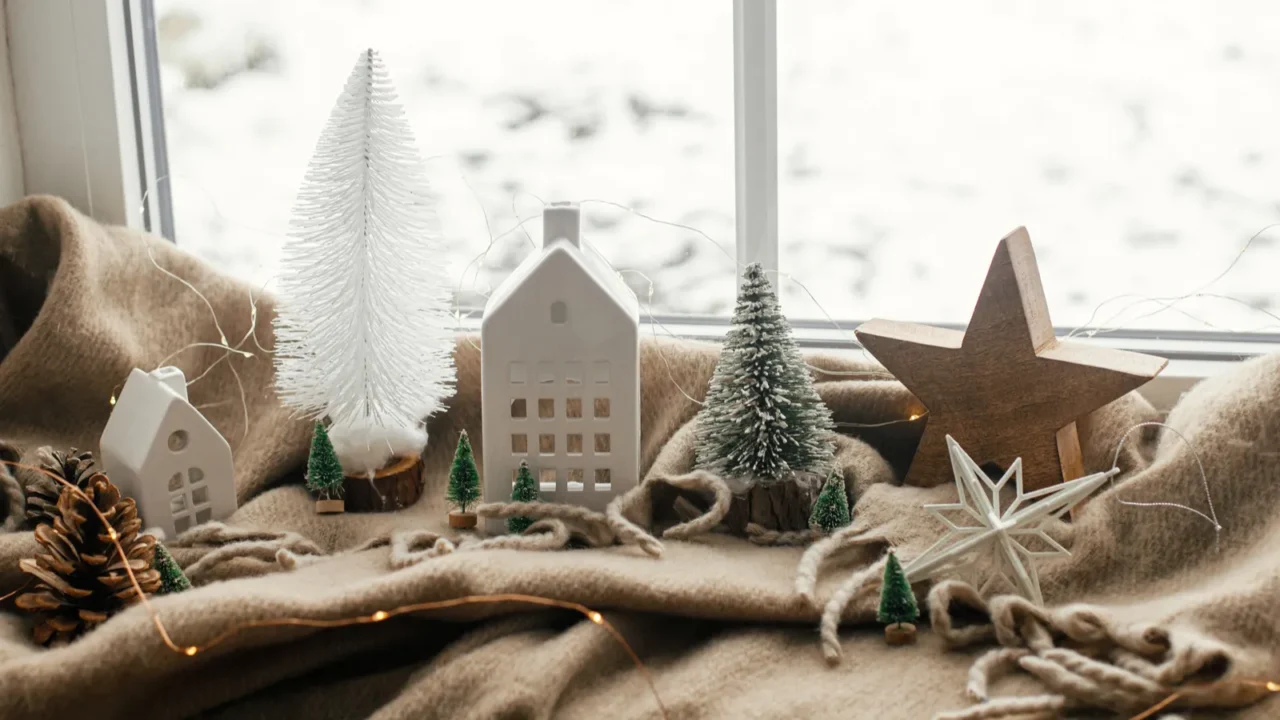 A beautiful winter decor in front of a window with string lights, wooden accents, and pinecones.