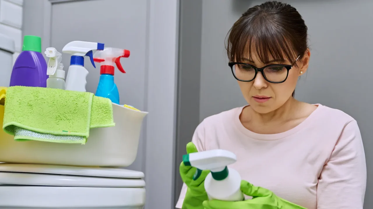 woman reading label on spray cleaner composition is chemical organic