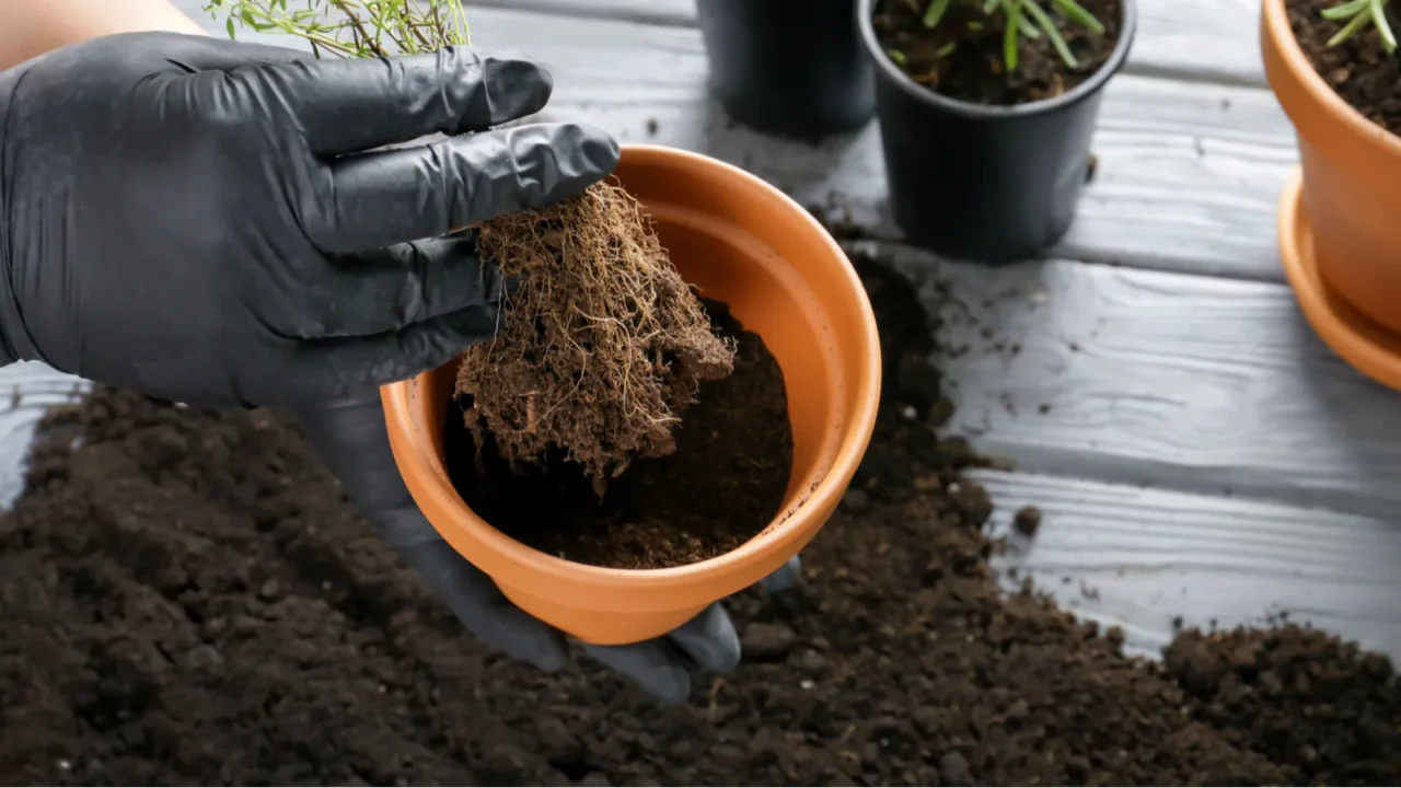 woman repotting fresh thyme closeup