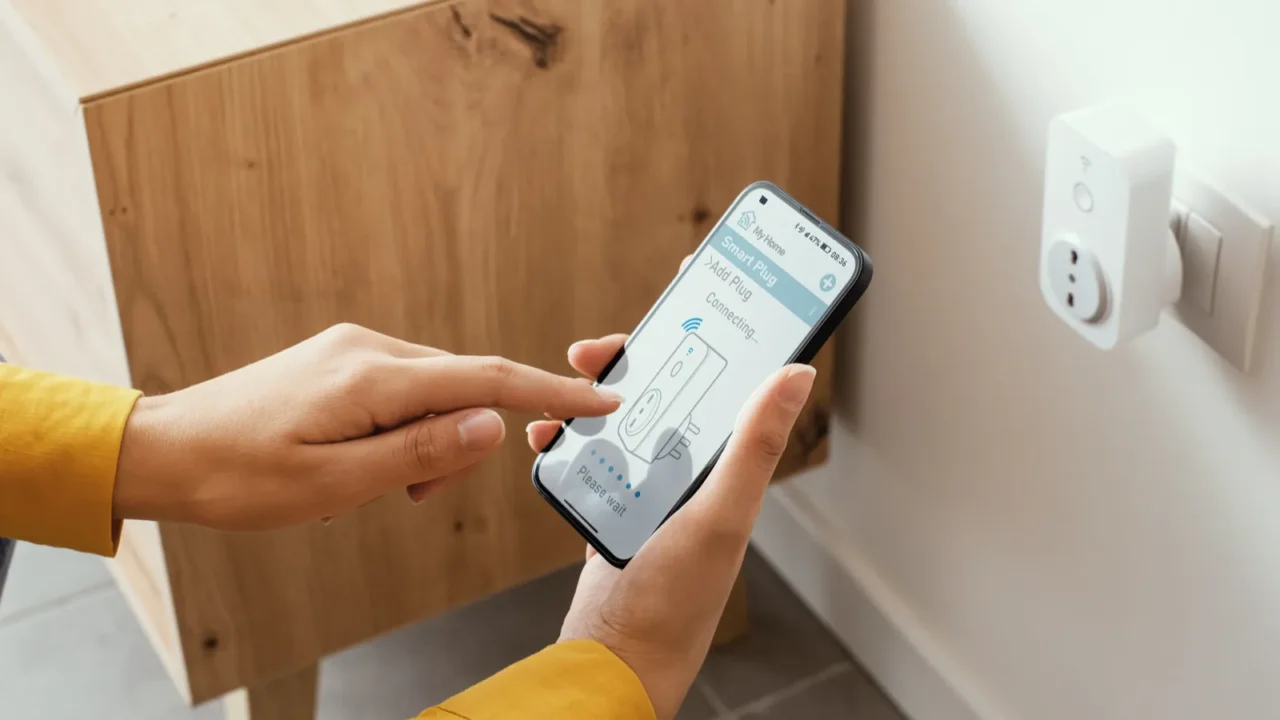 woman setting a smart plug at home using her smartphone