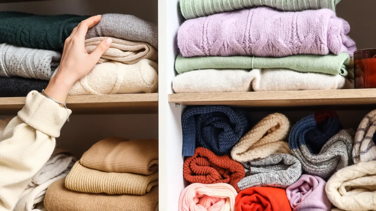 woman taking warm sweater from shelf in wardrobe closeup