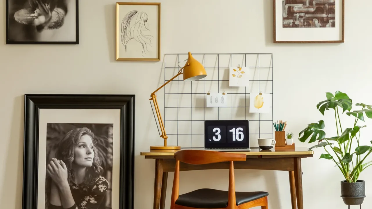 wooden chair at desk with yellow lamp and photo frames