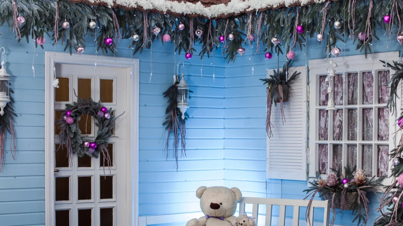 wooden house porch decorated for christmas