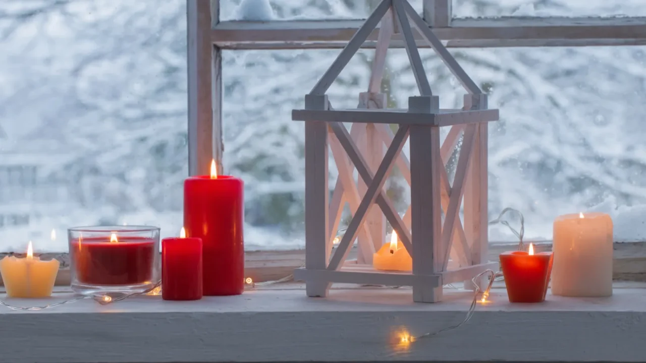 wooden lantern on windowsill on background winter landscape