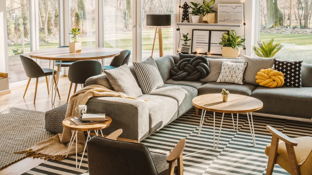 A living room with sofas, rugs, and cushions. Well-lit space. White, grey and black decor.