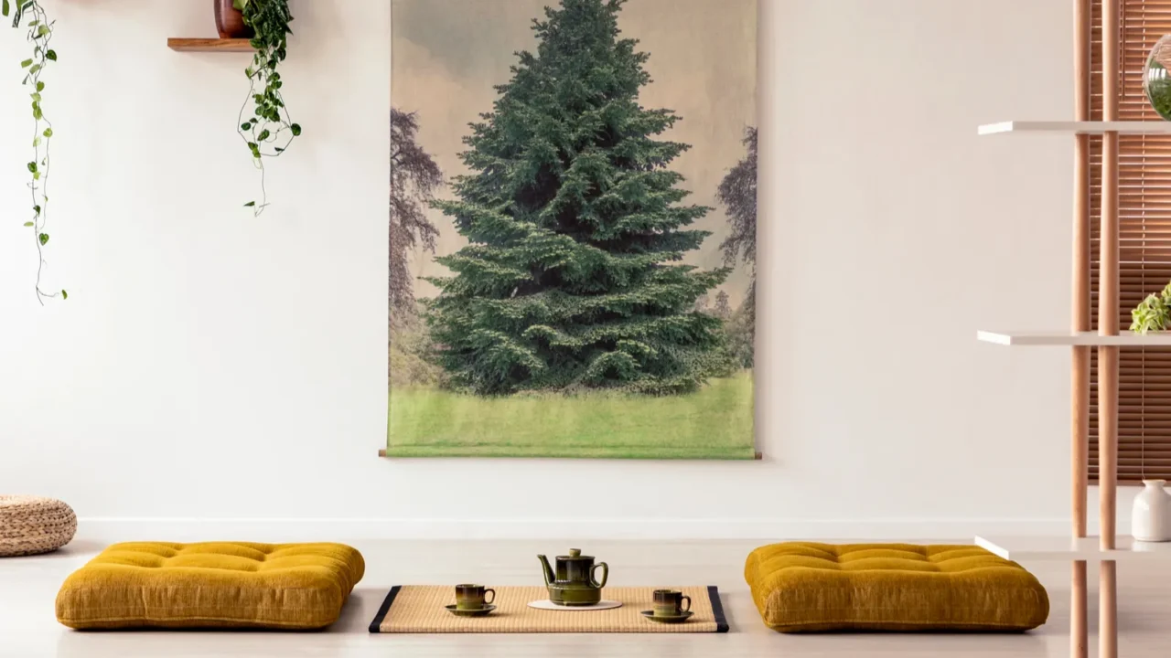 yellow poufs on the floor in japanese dining room interior