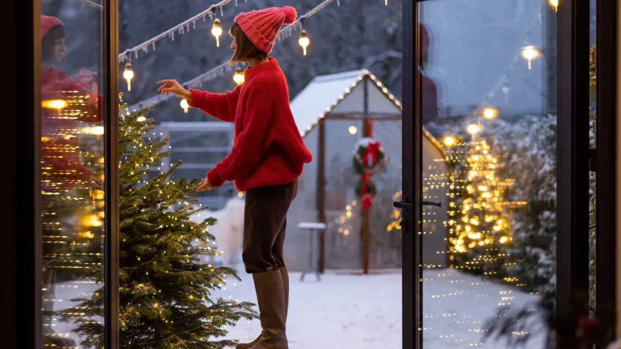 young woman in red decorates lush christmas tree with festive