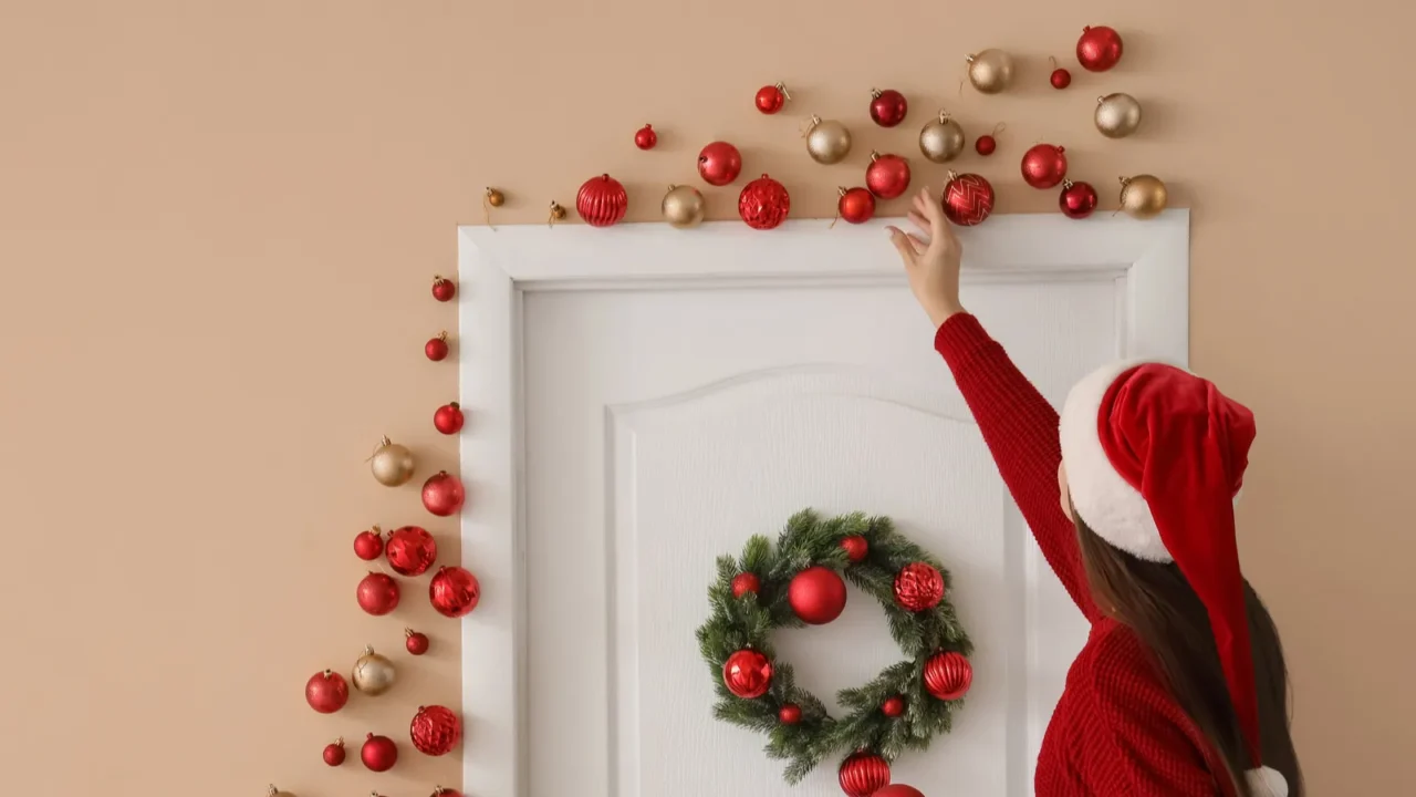 young woman in santa hat hanging christmas wreath on door