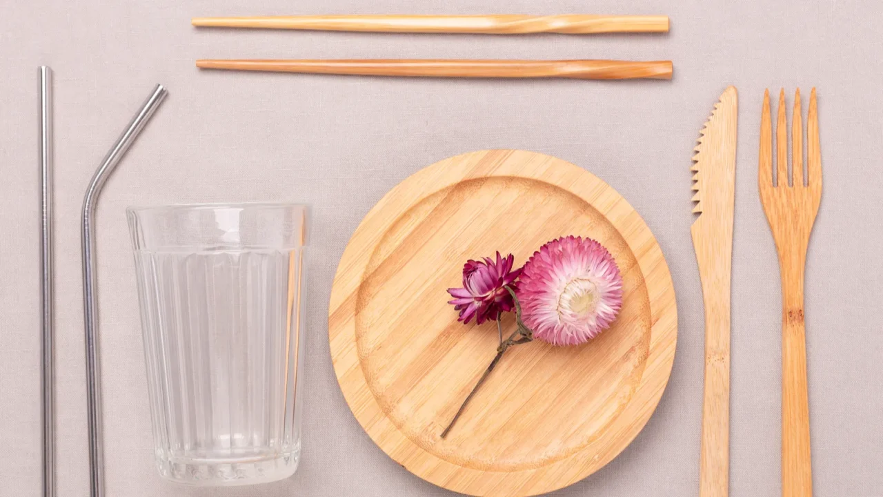 zero waste plastic free concept wooden plate glass cup set