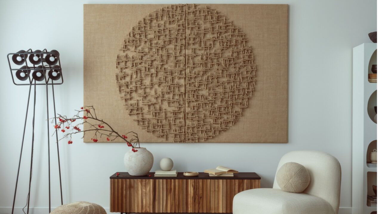 Artistic space showcasing a wall sculpture, a vase, and a contemporary chair.