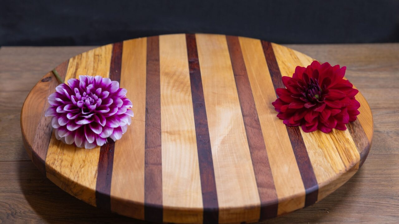 Lazy Susan serving turntable Mad of reclaimed and wood offcuts with decorative flowers