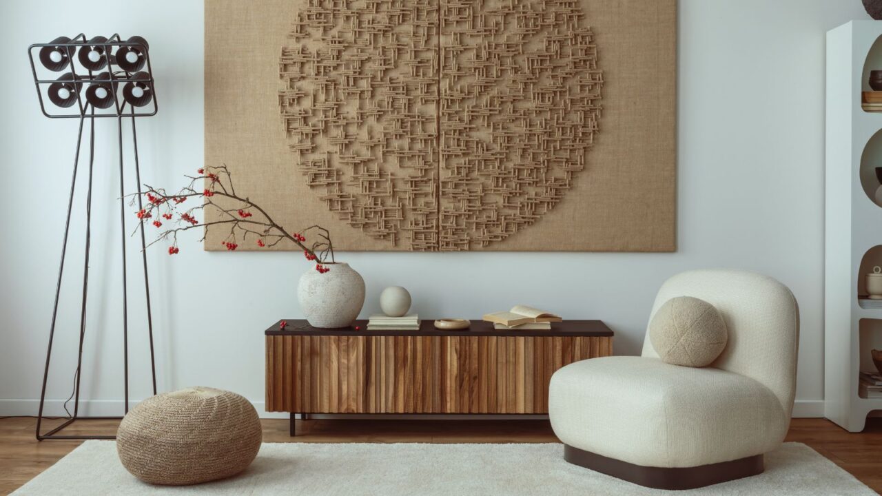 A stylish living room interior with a cozy white sofa, floor cushion, rug, console table, and an oversized art piece on the wall.