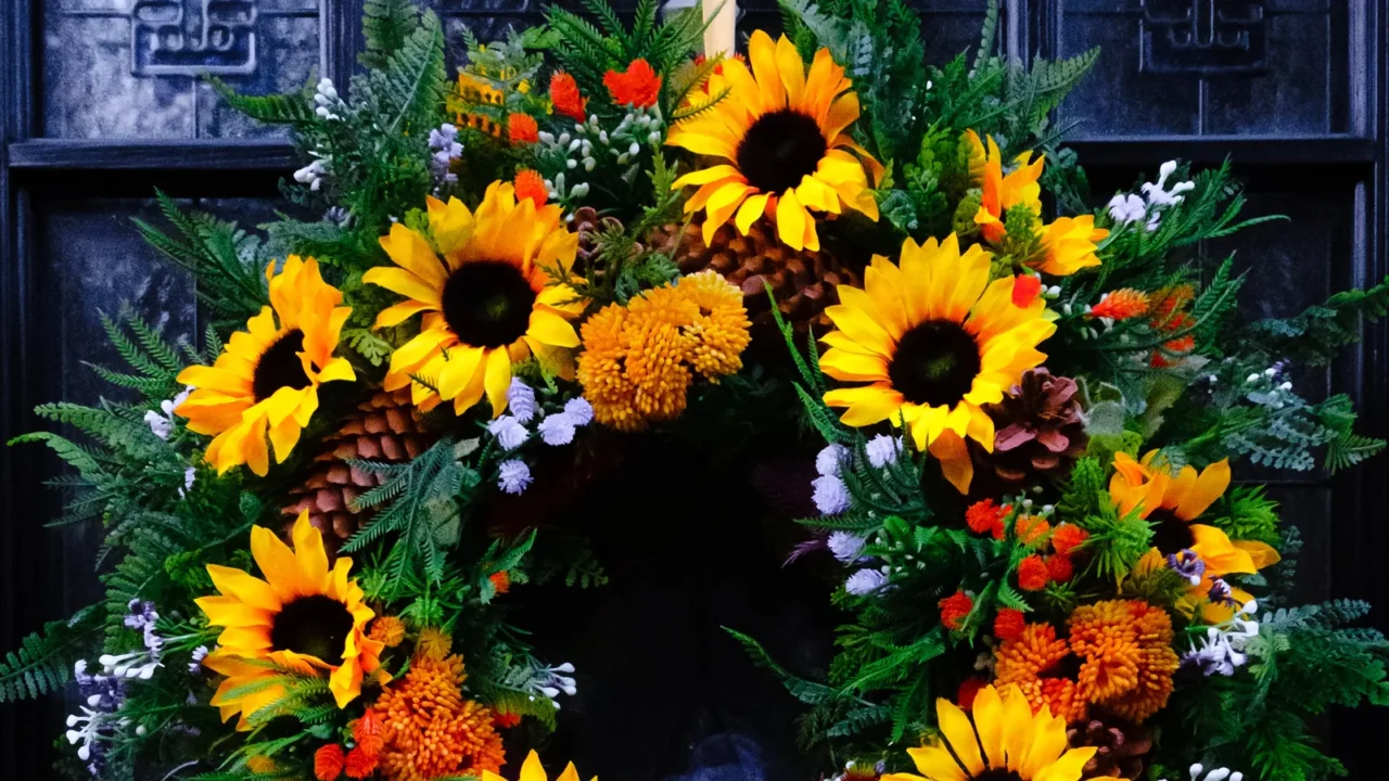 A closeup shot of a beautiful sunflowers wreath hanging on a door.