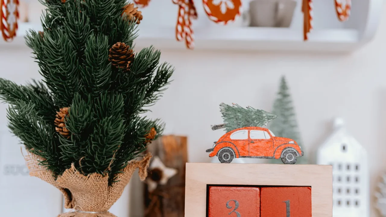 a cozy holiday display features a small evergreen tree in