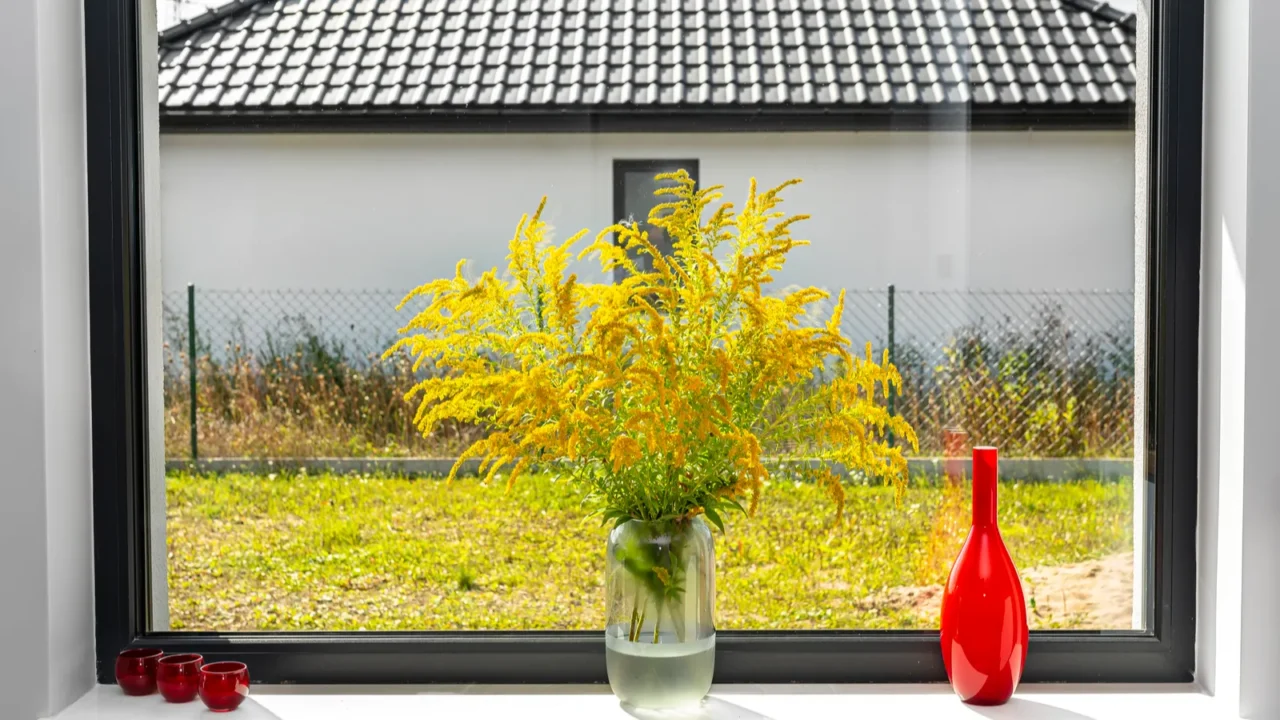 A large window. A clear vase with goldenrod.