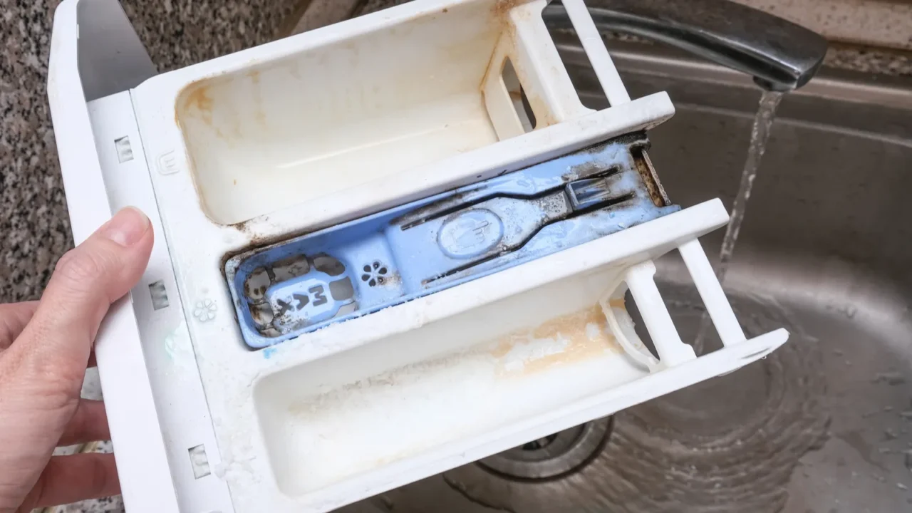 a person cleaning dirty moldy washing machine detergent and fabric