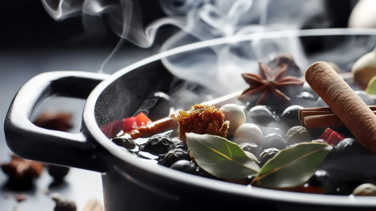 a pot of simmering liquid with cinnamon sticks bay leaves