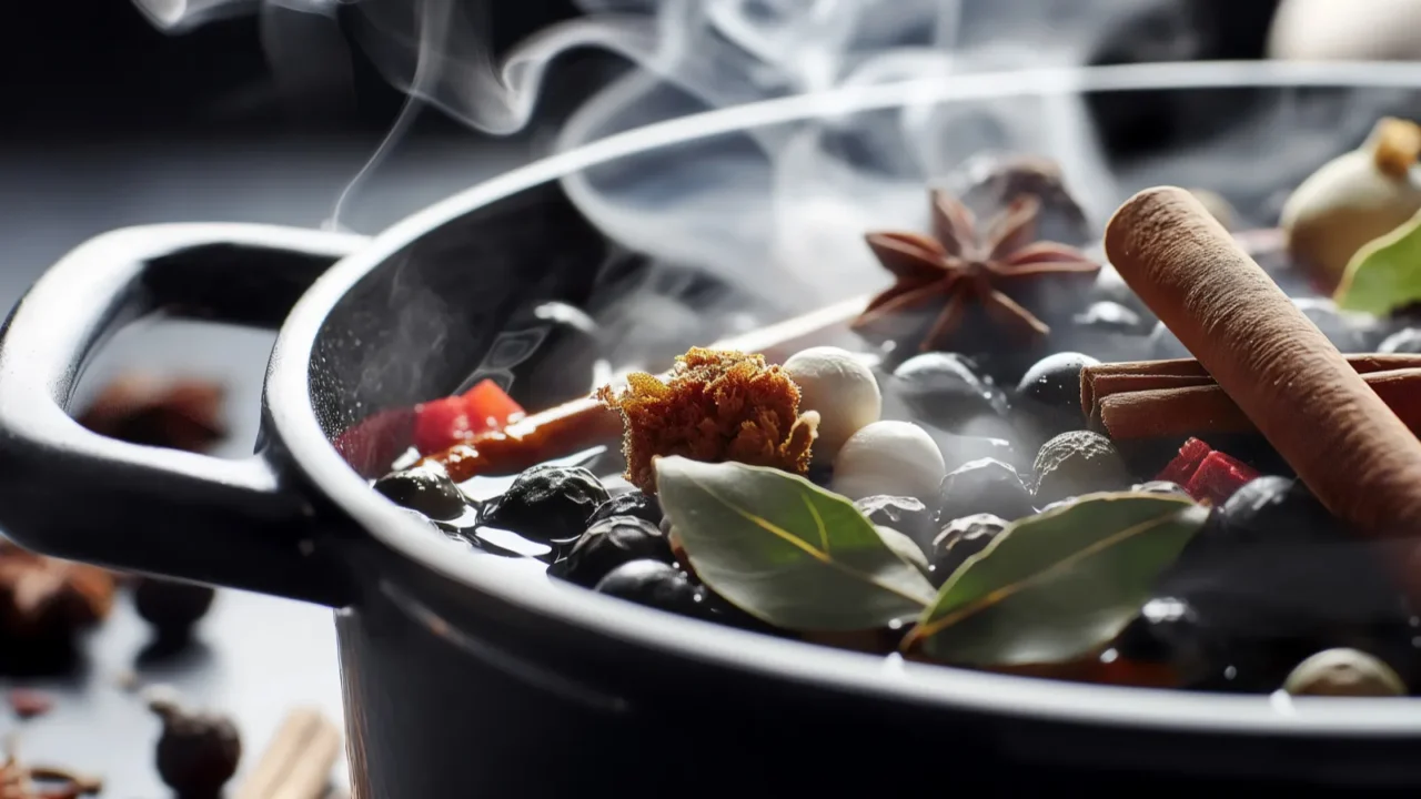 a pot of simmering liquid with cinnamon sticks bay leaves