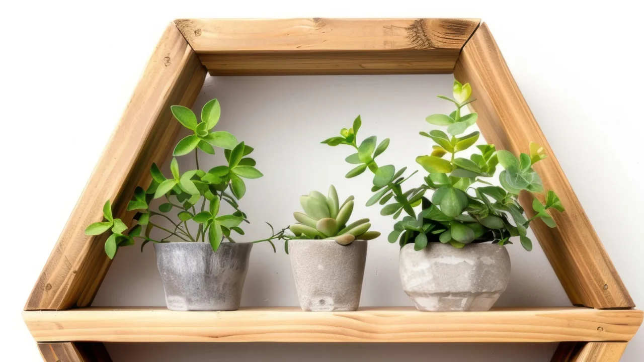 Three small potted plants on a wooden shelf in a triangular frame.