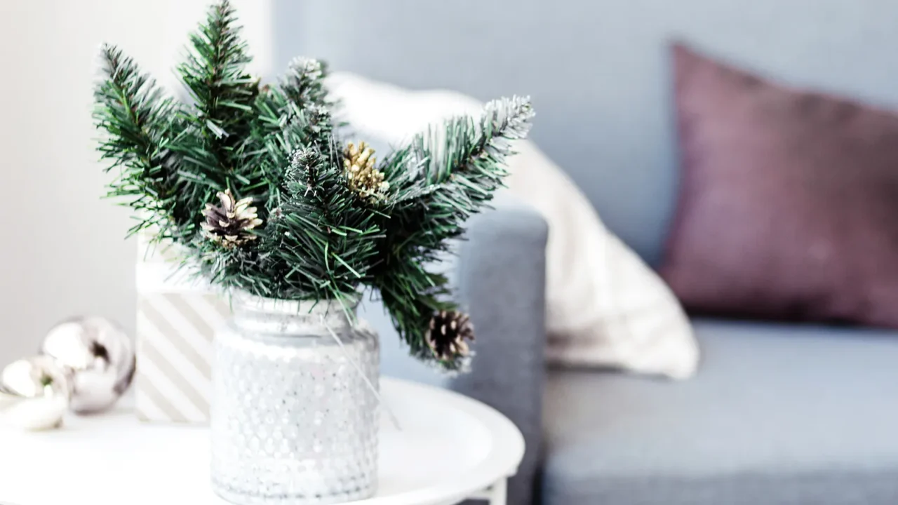 A white vase with Christamas tree branches and pinecones on a coffee table.