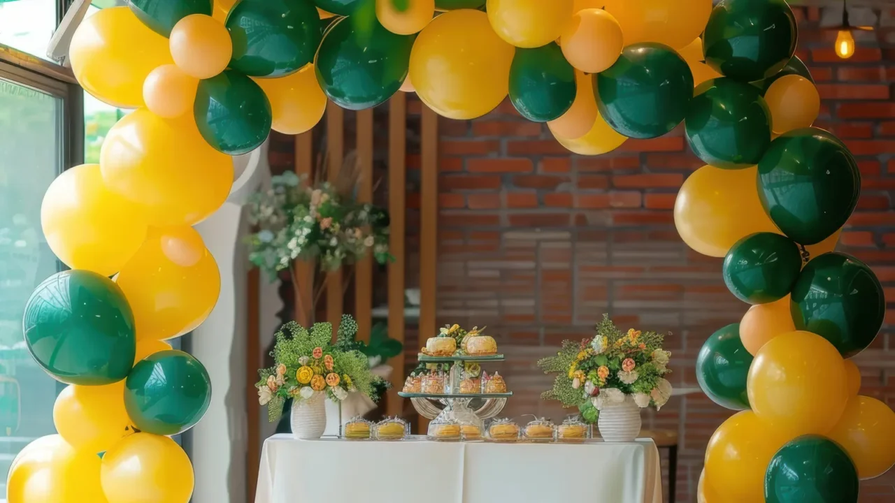 a vibrant balloon arch in green and yellow frames a