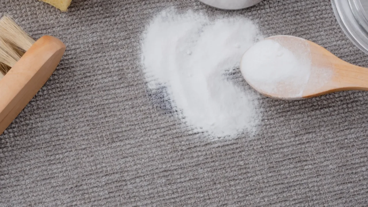 a womans hand using natural ingredients baking soda to remove