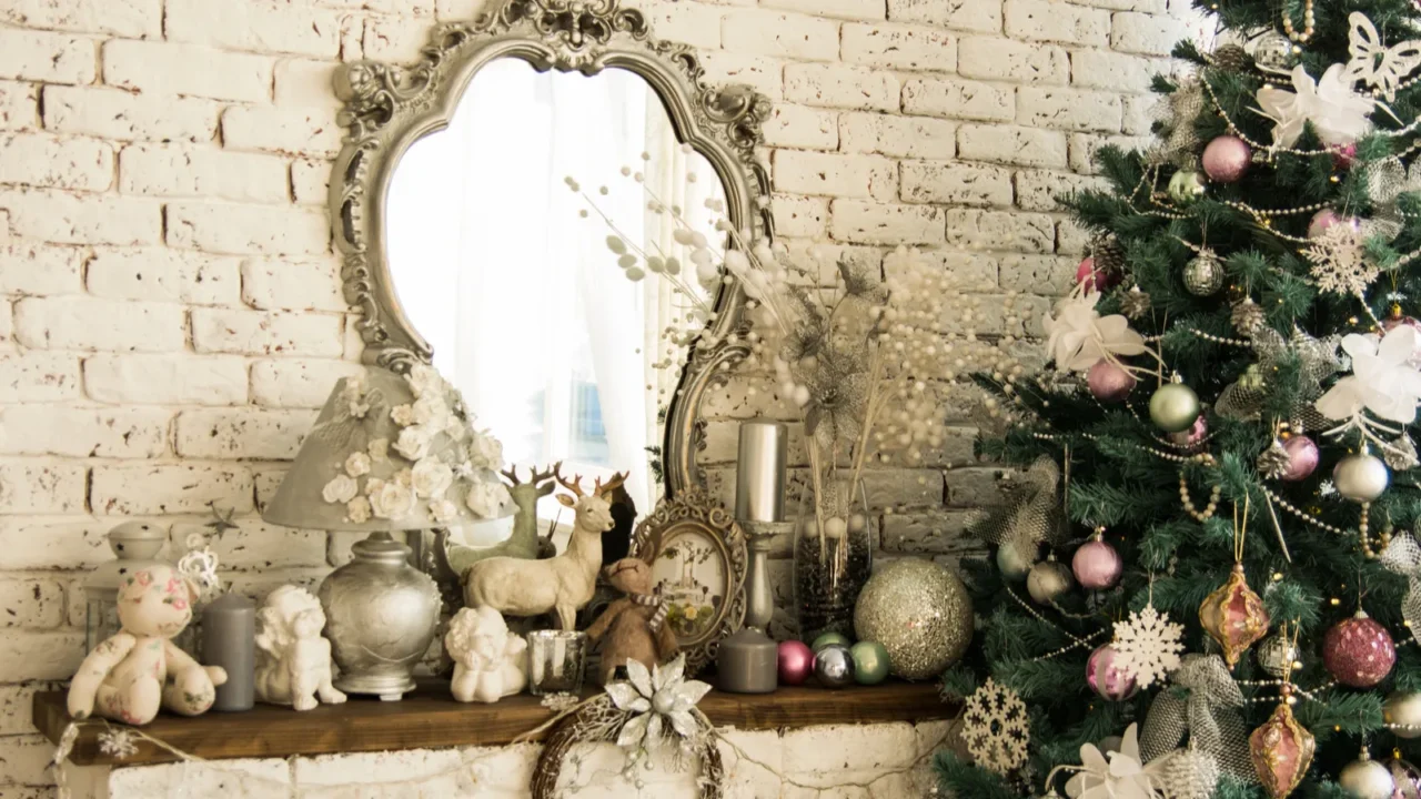 background brick wall with a mirror christmas spruce