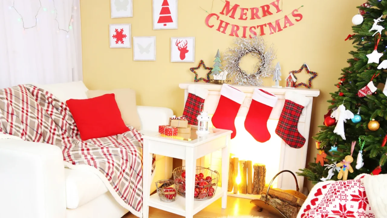 beautiful christmas interior with sofa decorative fireplace and fir tree