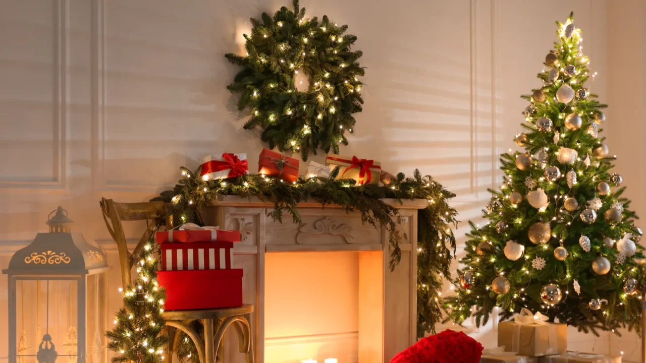 beautiful christmas themed photo zone with fireplace and fir decor