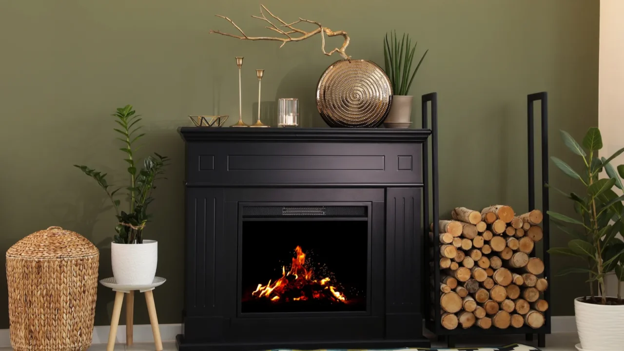 A matte black fireplace in a living room with metallic vase, candle holders, and small potted plant on the mantel.