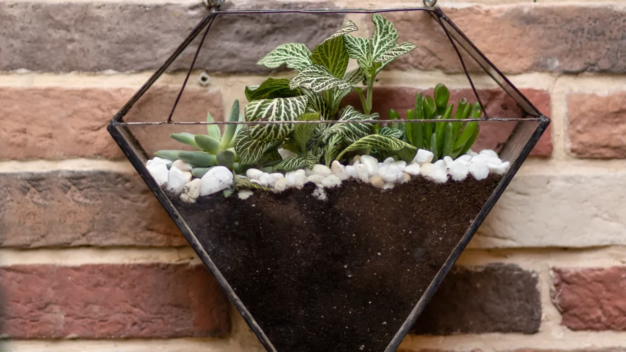 beautiful glass terrarium with succulent cactus flower rock sand inside