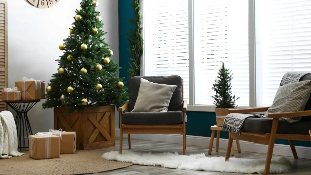 beautiful interior with decorated christmas tree in living room