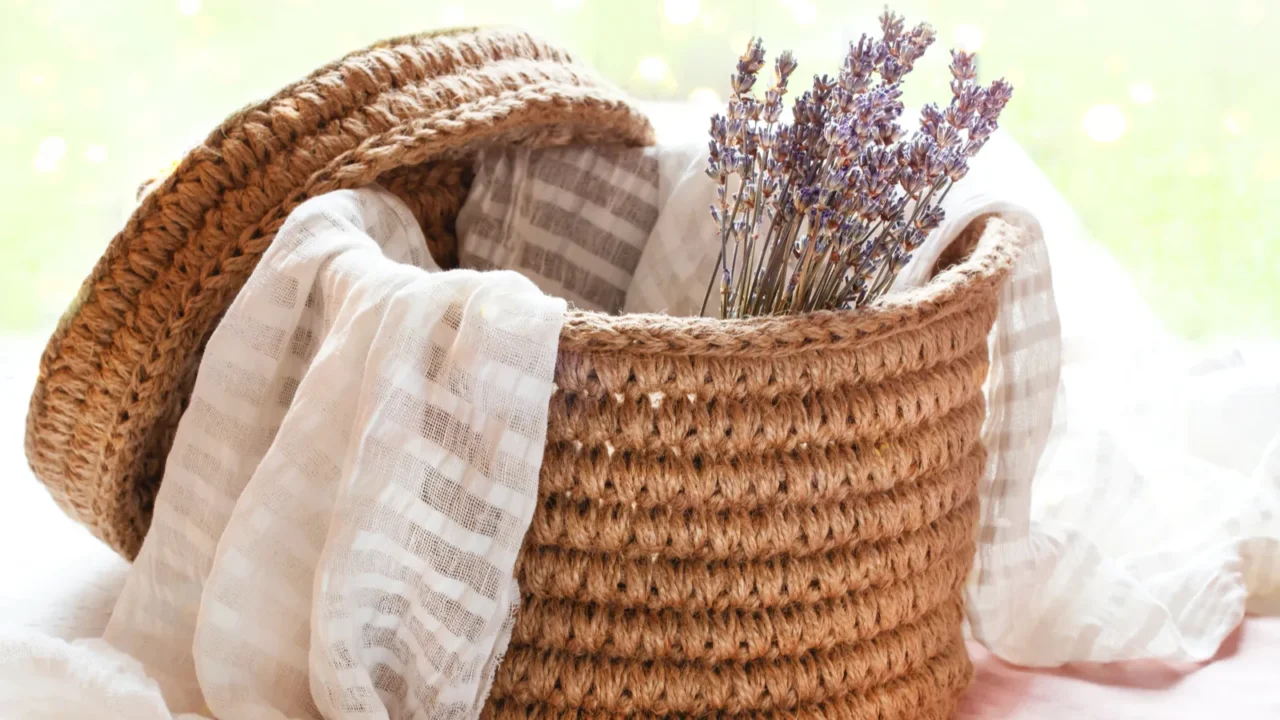 A woven jute basket with scarf and lavender in it.